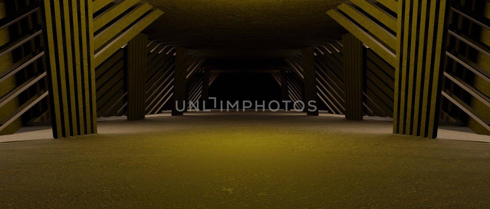 Minimal Scifi Futuristic Warehouse Hangar Spaceship Realistic Showroom Steel Metal Frame Corridor Tunnel Dark Underground Basement Scifi Digital Brown Background Wallpaper 3D Illustration