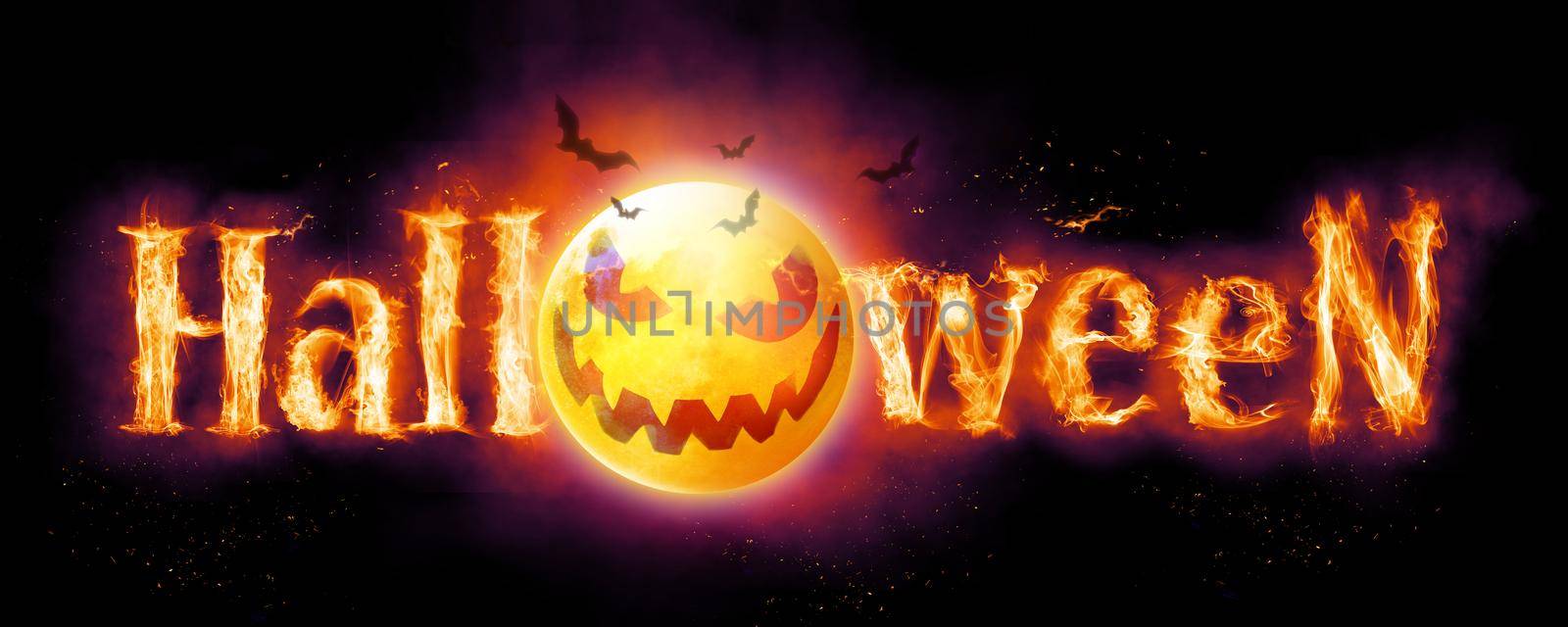 Halloween pumpkin face with burning fire inside. by Taut