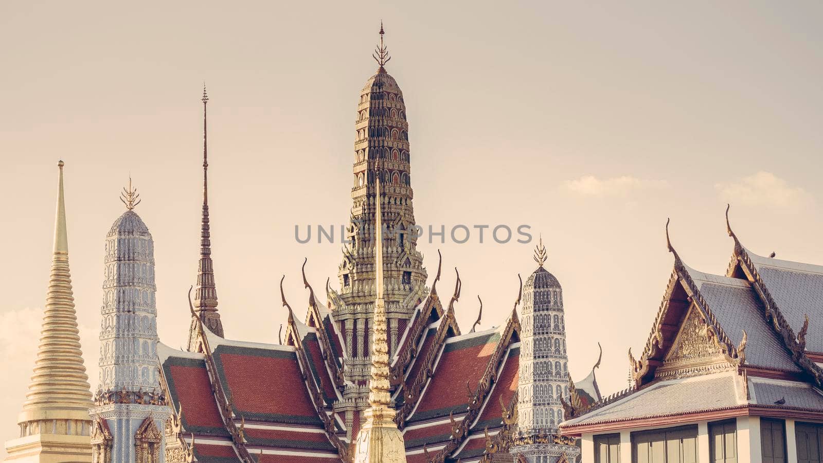 Golden Stupa of Temple of the Emerald Buddha.  Wat Phra Si Rattana Satsadaram.  Wat Phra Kaew. landmark of Bangkok Thailand