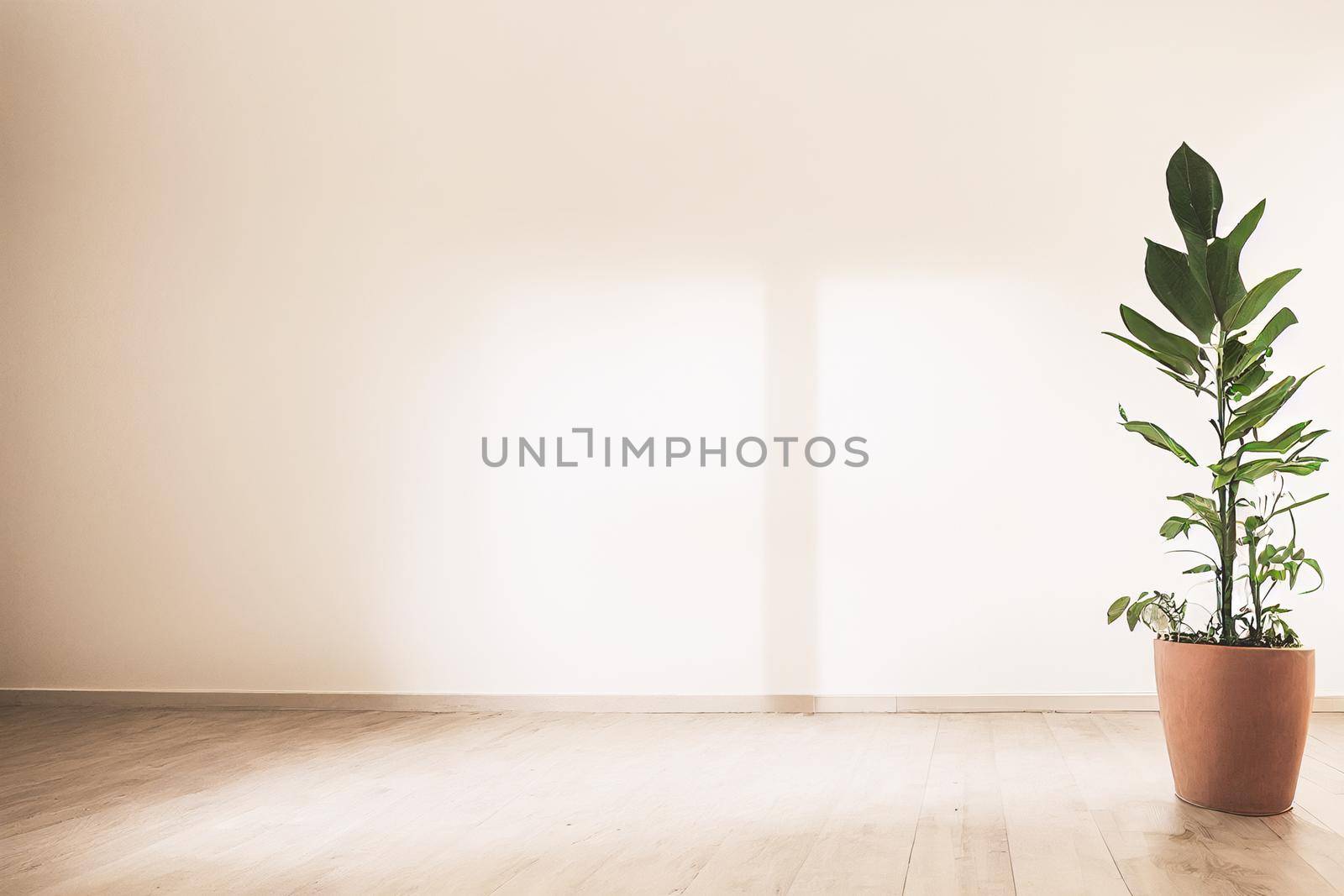 White empty room with plant. Room interior 3d illustration.