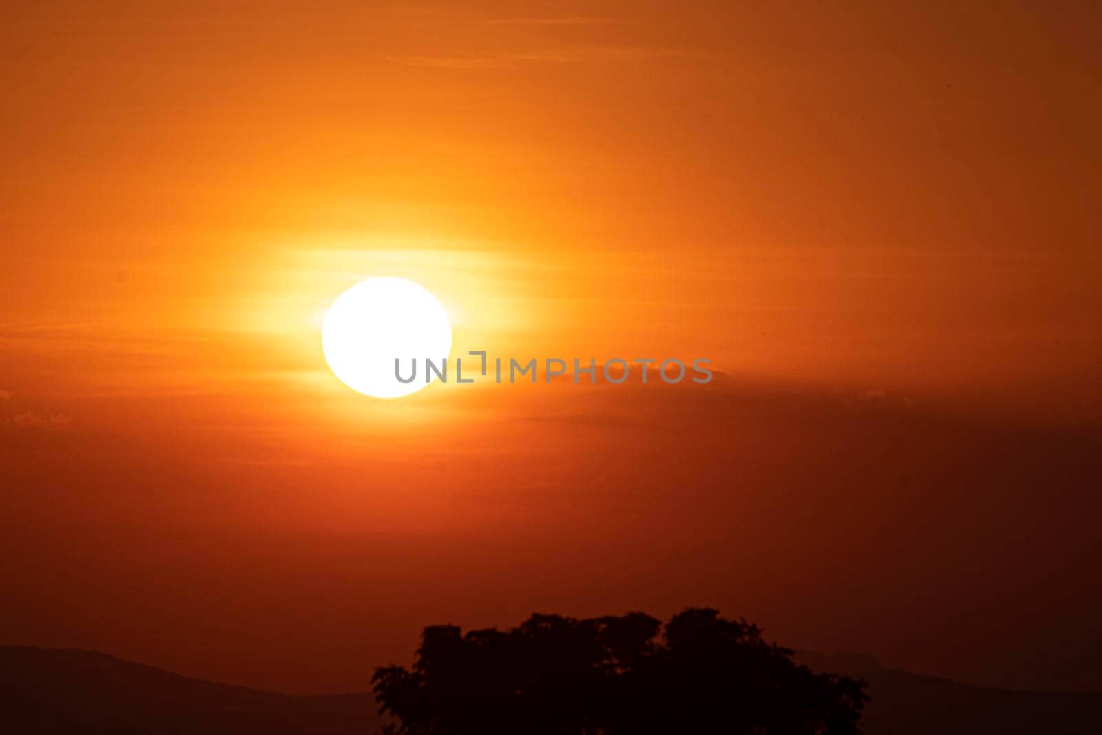 Beautiful sun at sunset sky above clouds orange sunset sky. Beautiful sky. Dramatic red yellow sunset over the forest
