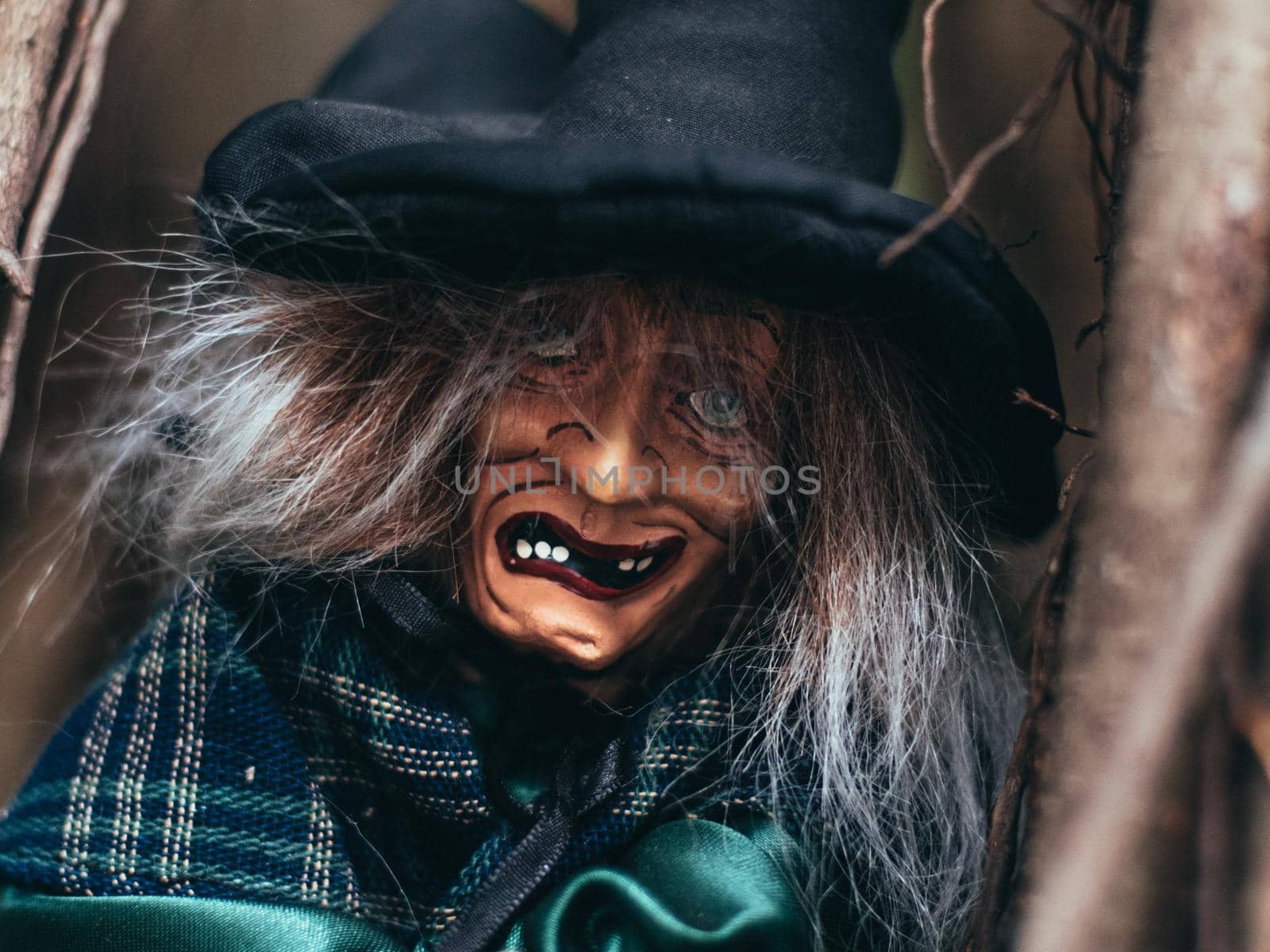 Evil witch on nature dark background, closeup portrait of old lady with terrifying makeup, Halloween background