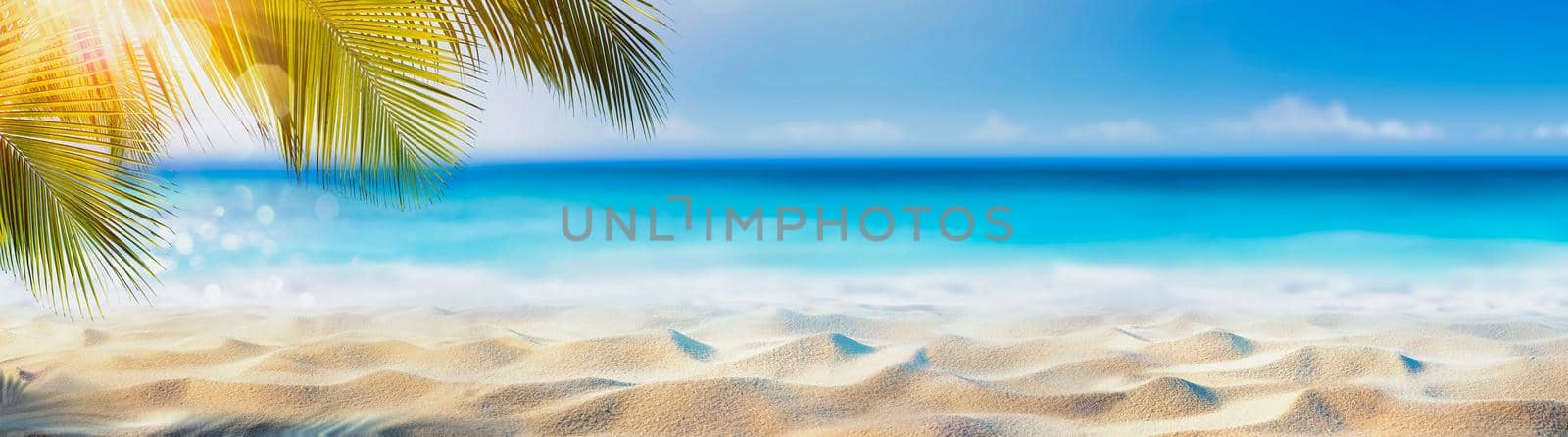 Seascape abstract beach background. blur bokeh light of calm sea and sky. Focus on sand foreground. by 3imad