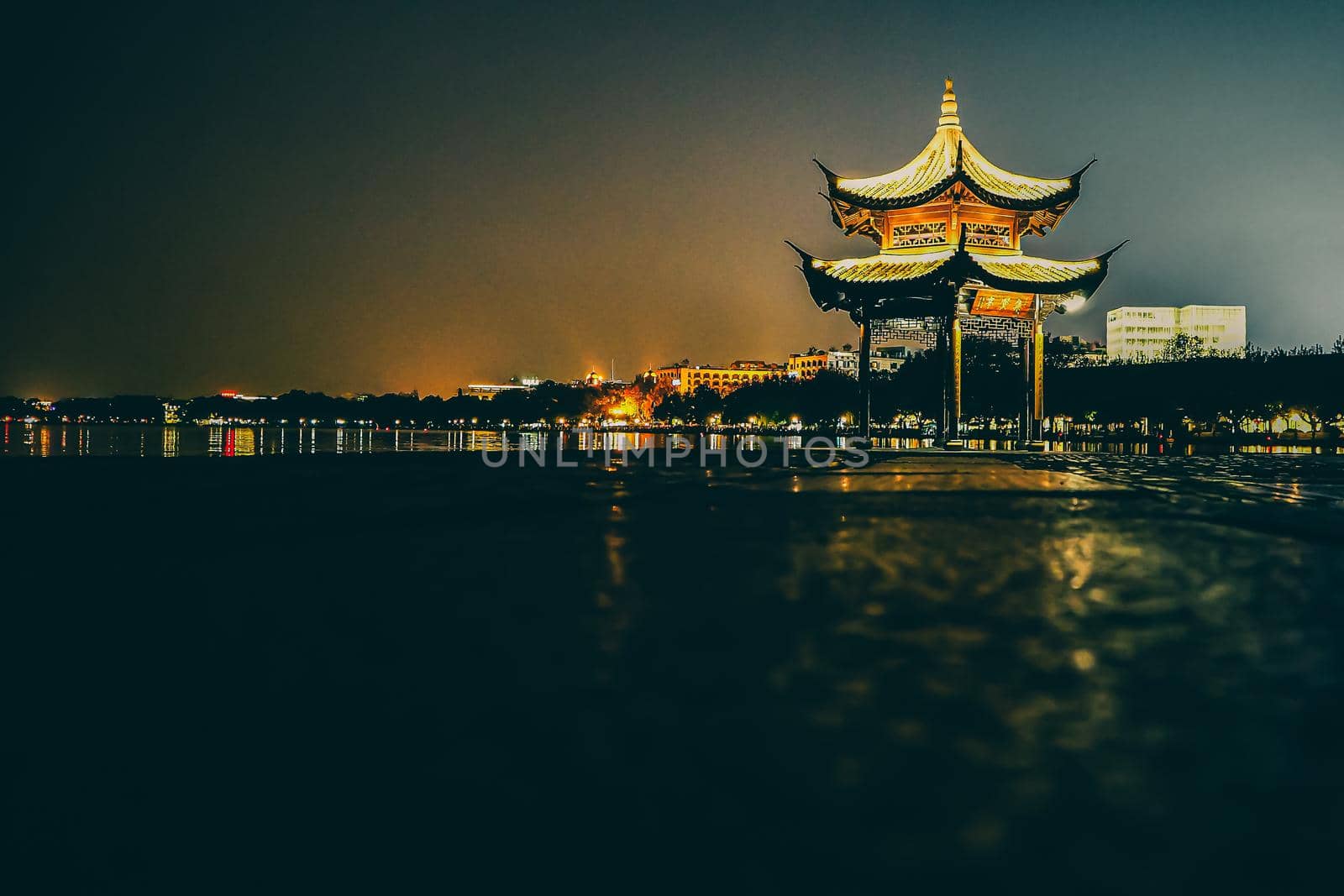 Traditional chinese pavilion style at Lake Xi hu lake lake in Hangzhou. UNESCO World Heritage Site West Lake Cultural Landscape of Hangzhou.