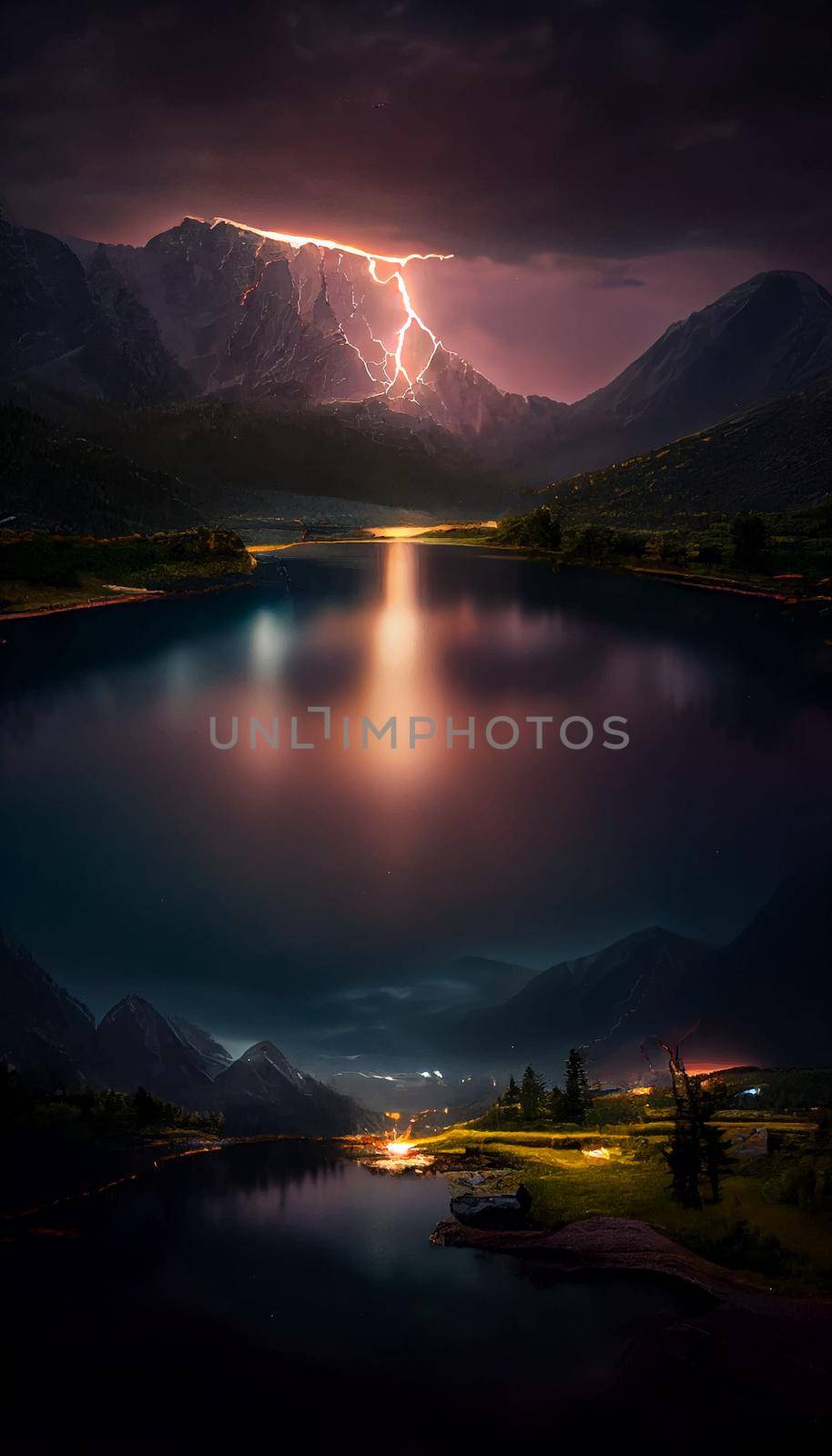beautiful landscape with a lake surrounded with mountains illustration by JpRamos