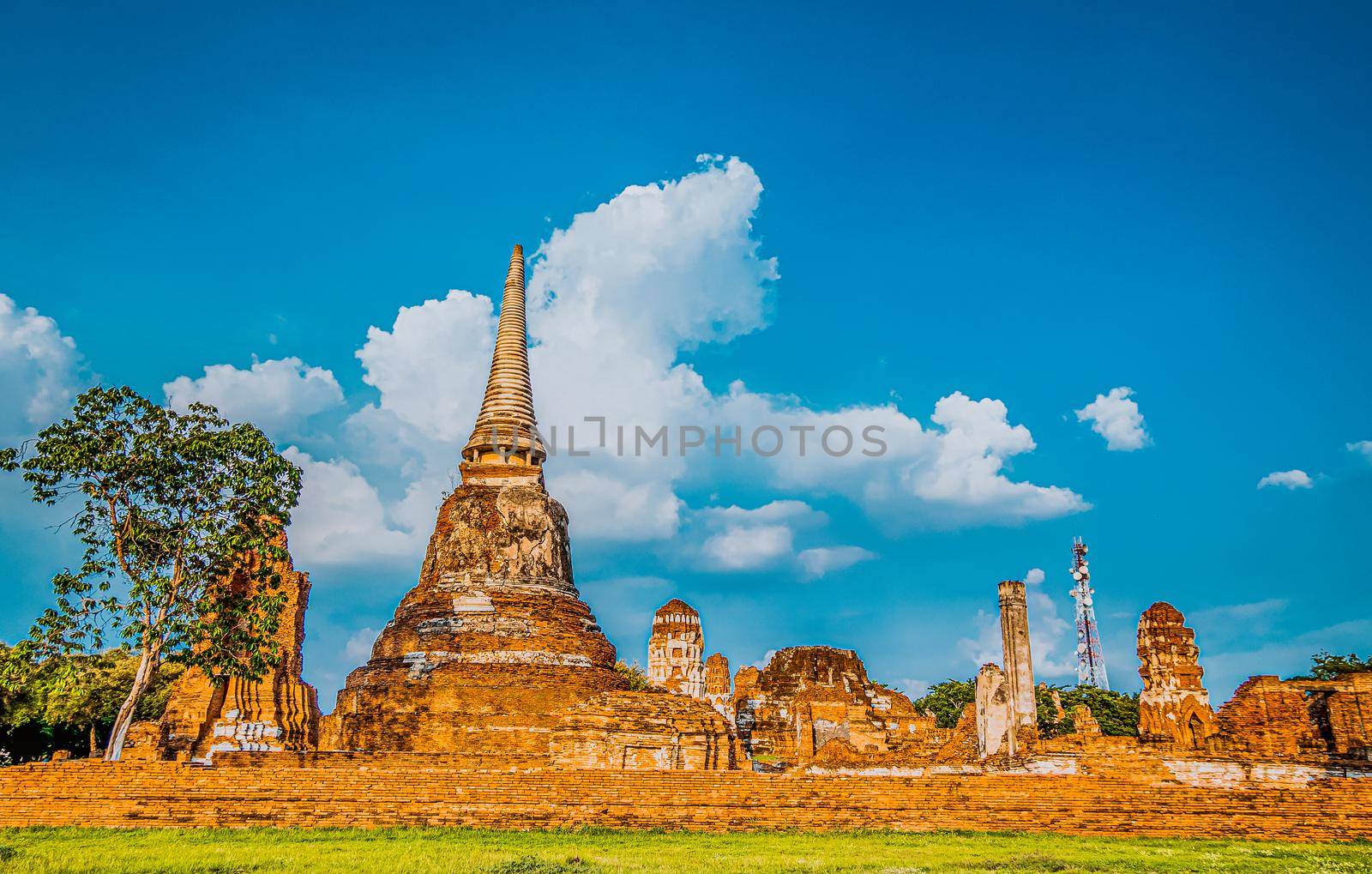 Autthaya Historical Park ancient stupa and temple.Wat Mahathat in Thailand, ancient capital of the Siam thai kingdom. UNESCO World Heritage Site ruined temple and stupa
