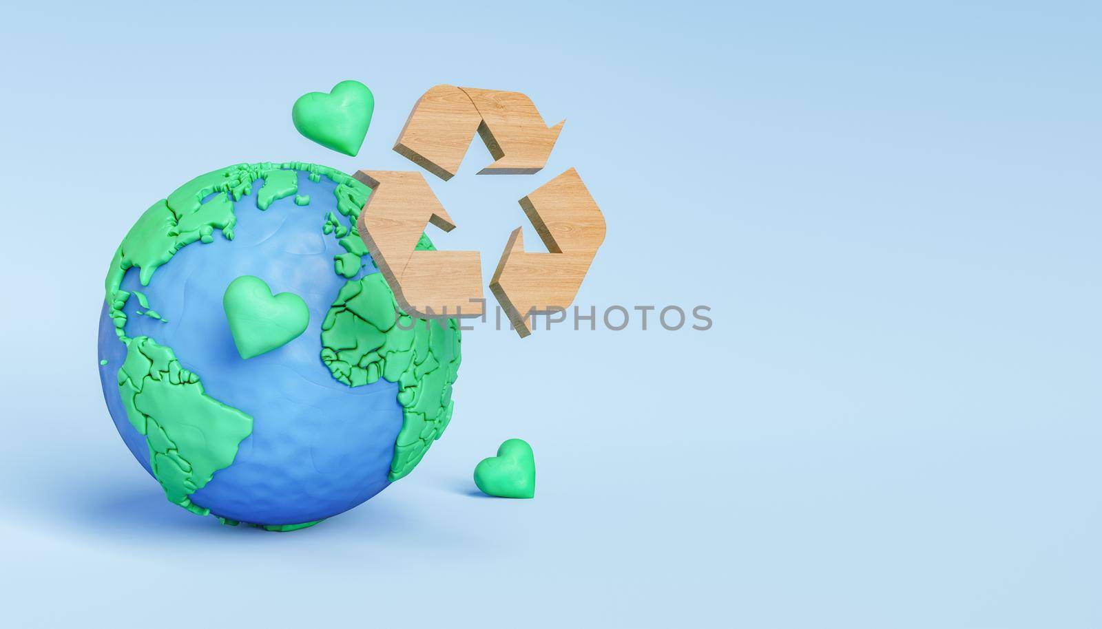 3D illustration of wooden recycling symbol and green hearts near Earth as environment protection concept against blue background