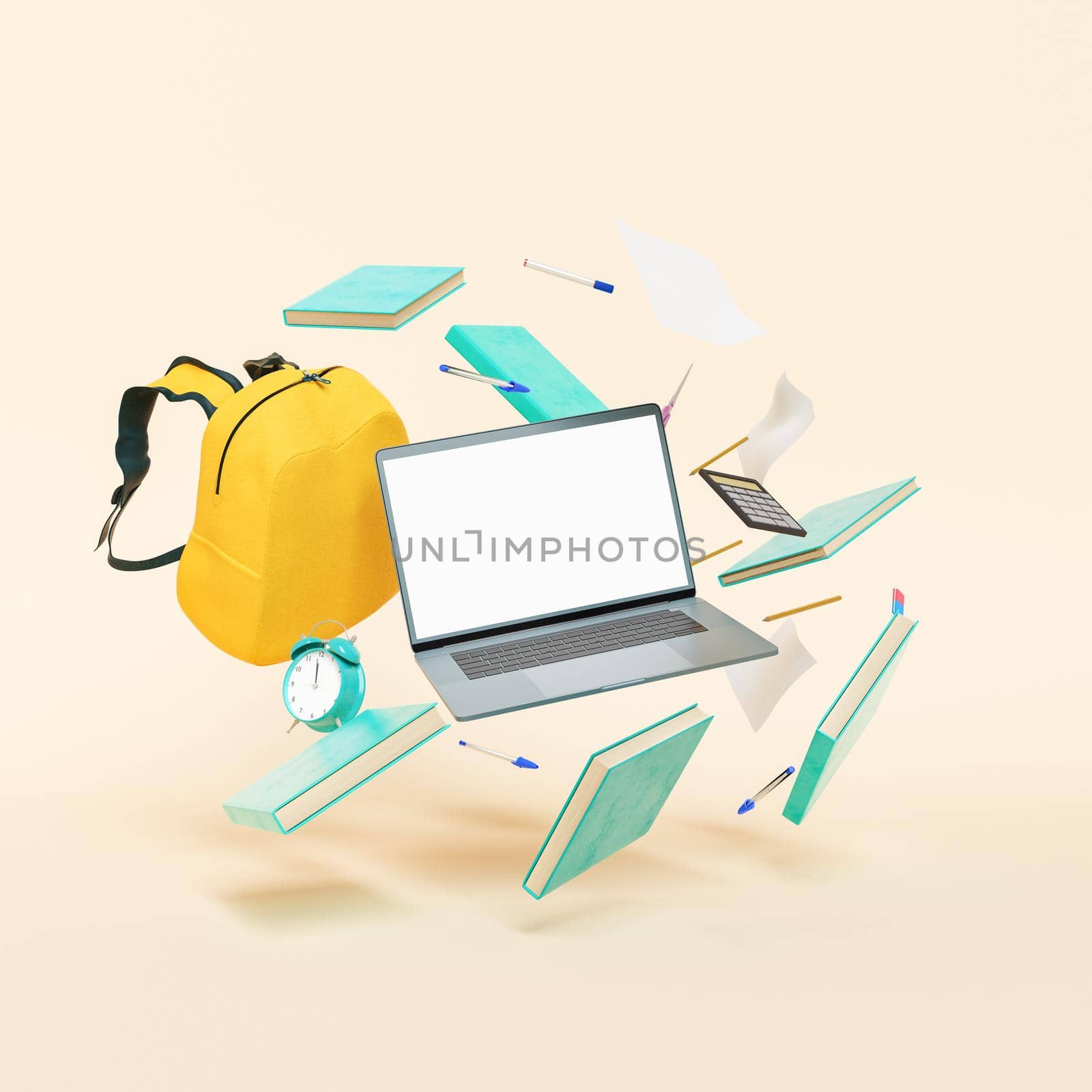 3D illustration of various stationery and yellow backpack levitating around laptop with blank screen against yellow background.