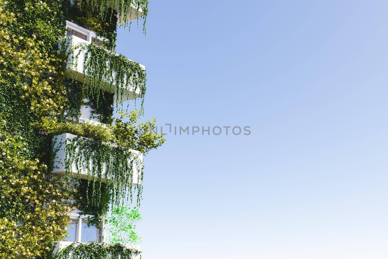 3D illustration of modern block of flats covered with lush green plants against cloudless blue sky in city
