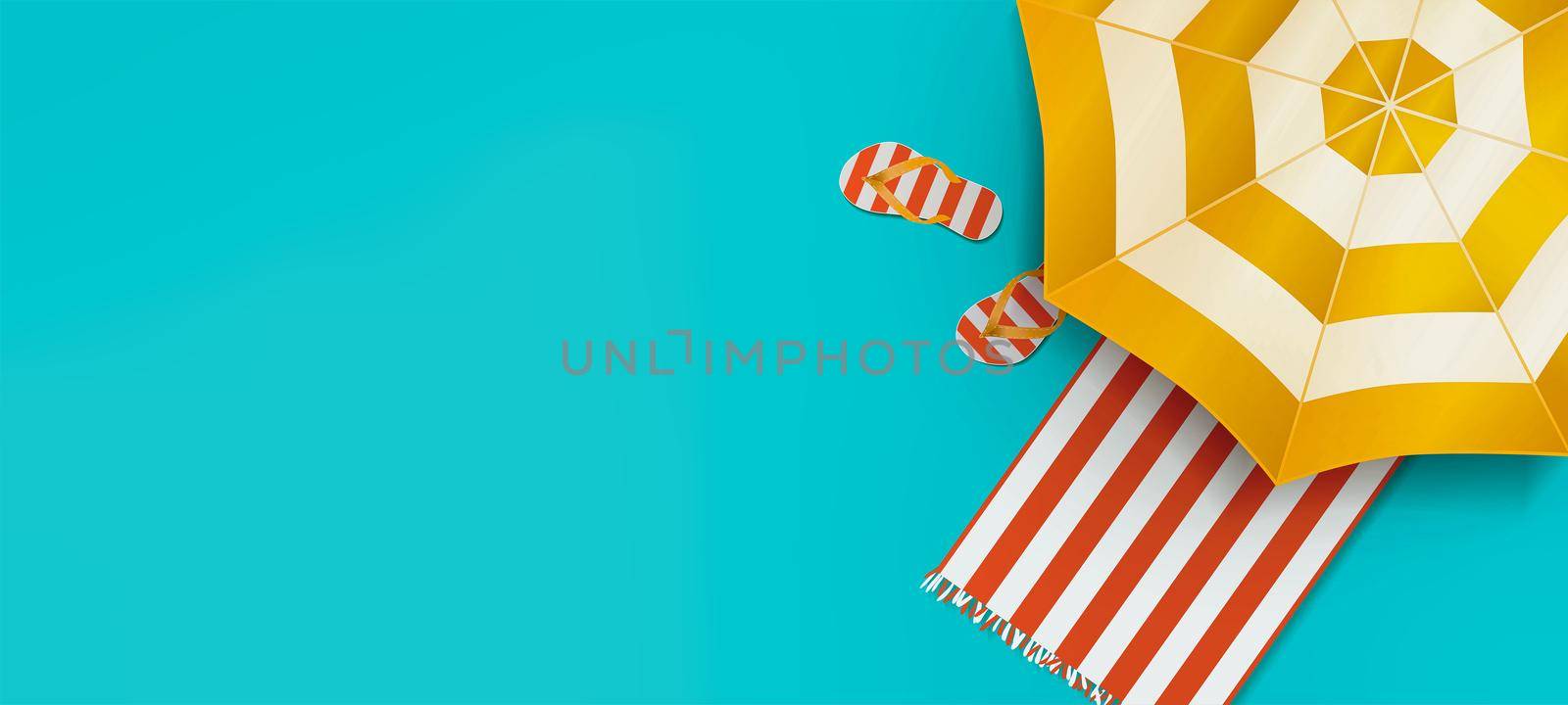 Beach umbrella with chairs, inflatable ring on beach sand. summer vacation concept. 3d rendering by 3imad