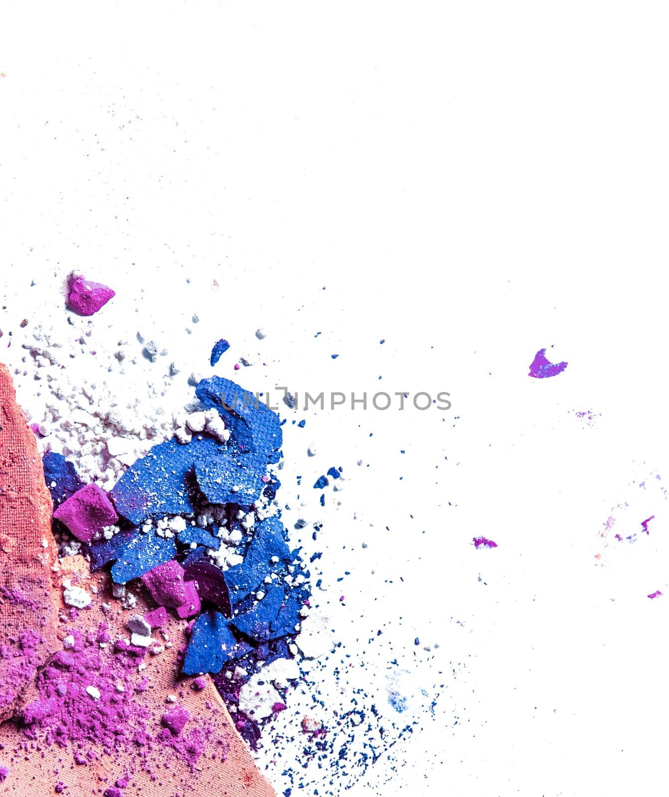 Beauty texture, cosmetic product and art of make-up concept - Crushed eyeshadow palette and powder close-up isolated on white background