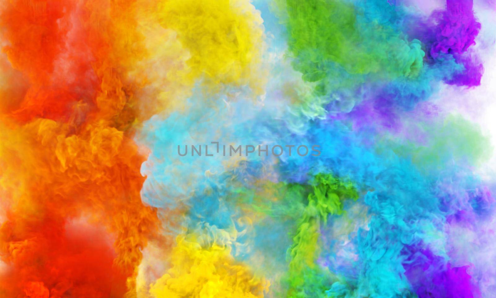 Multicolored rainbow smoke in the sky. Abstract background with puffs of magic mist or haze. 3d render of fantastic fog