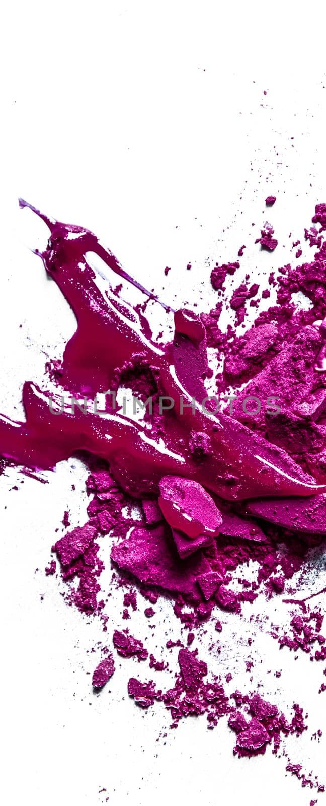 Crushed eyeshadows, lipstick and powder isolated on white background by Anneleven