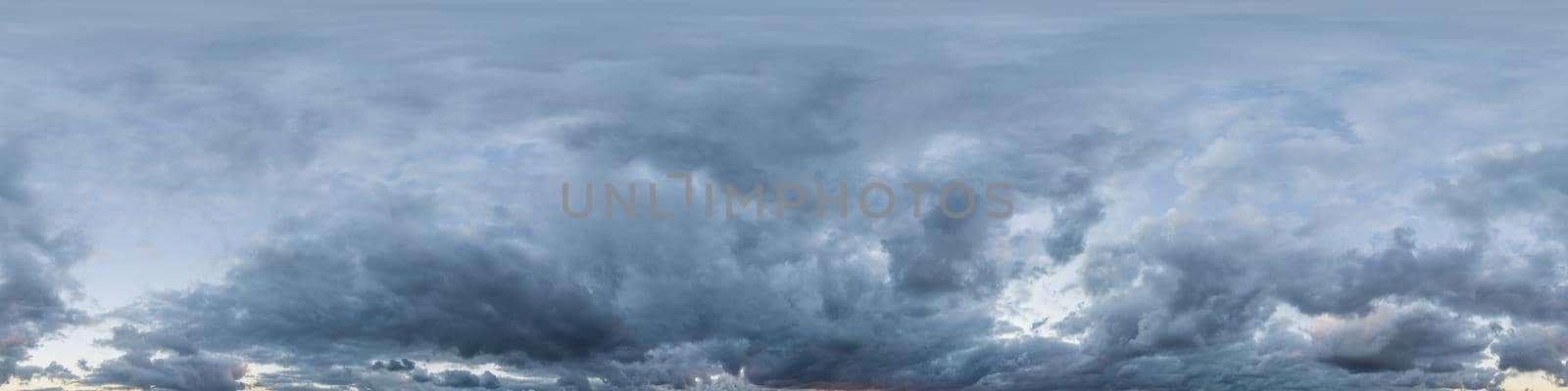 Sky panorama on overcast rainy day with low clouds in seamless spherical equirectangular format. Complete zenith for use in 3D graphics, game and for aerial drone 360 degree panorama as a sky dome.