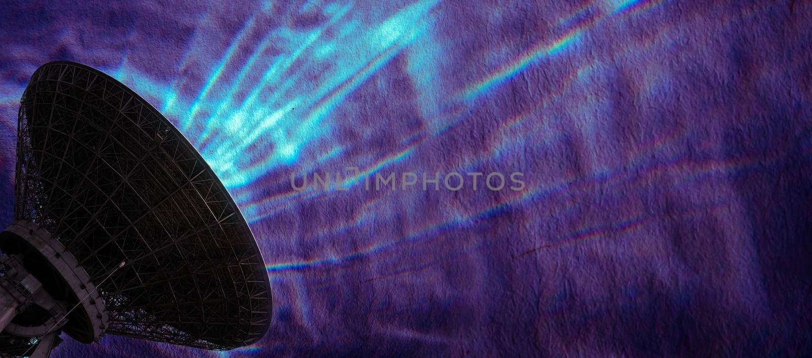 Panorama satellite dish on a purple abstract background.Cosmonautics Day, space exploration.