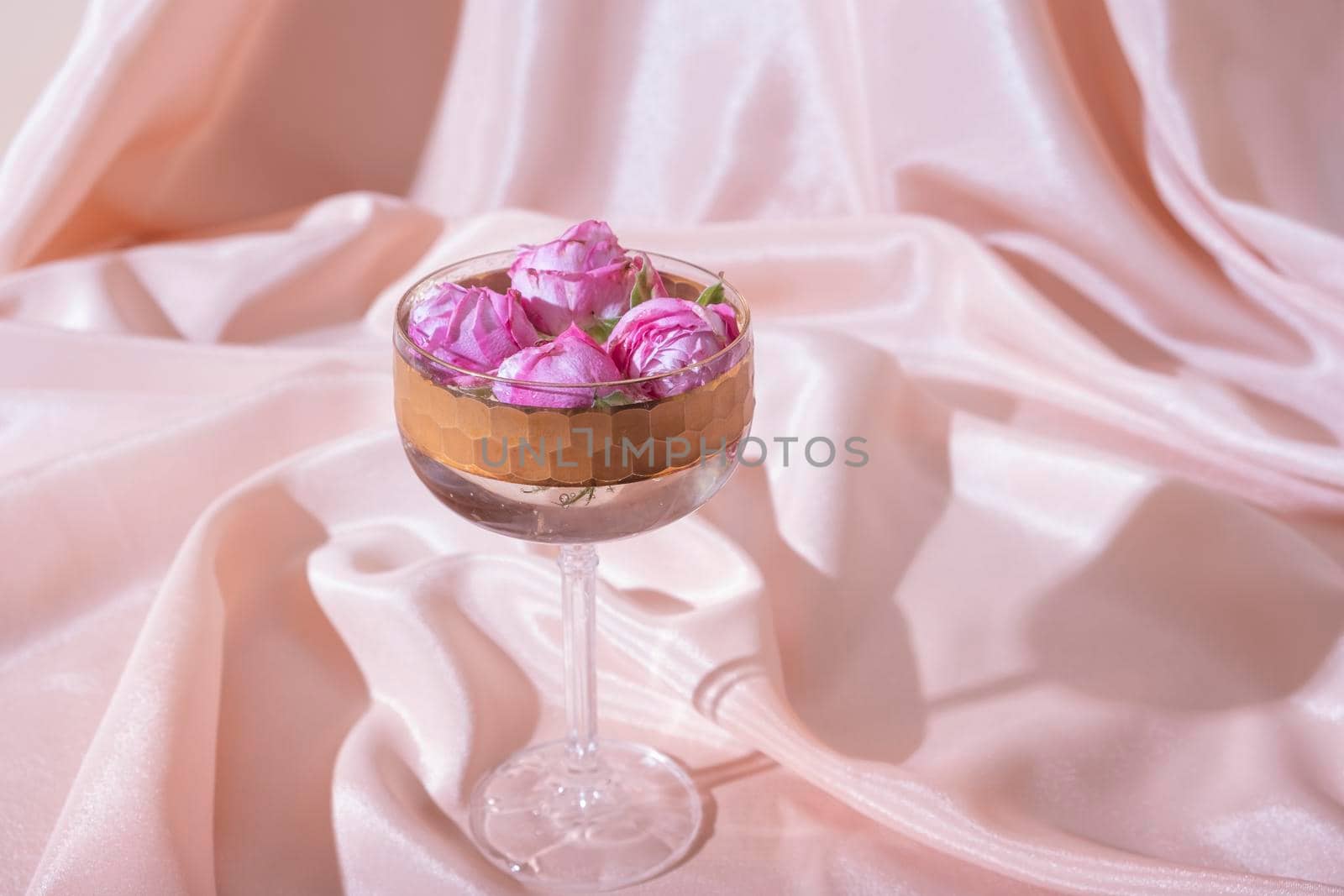 Bokal glass with roses in champagne on fabric folds background. Creative still life in pastel pink colors.