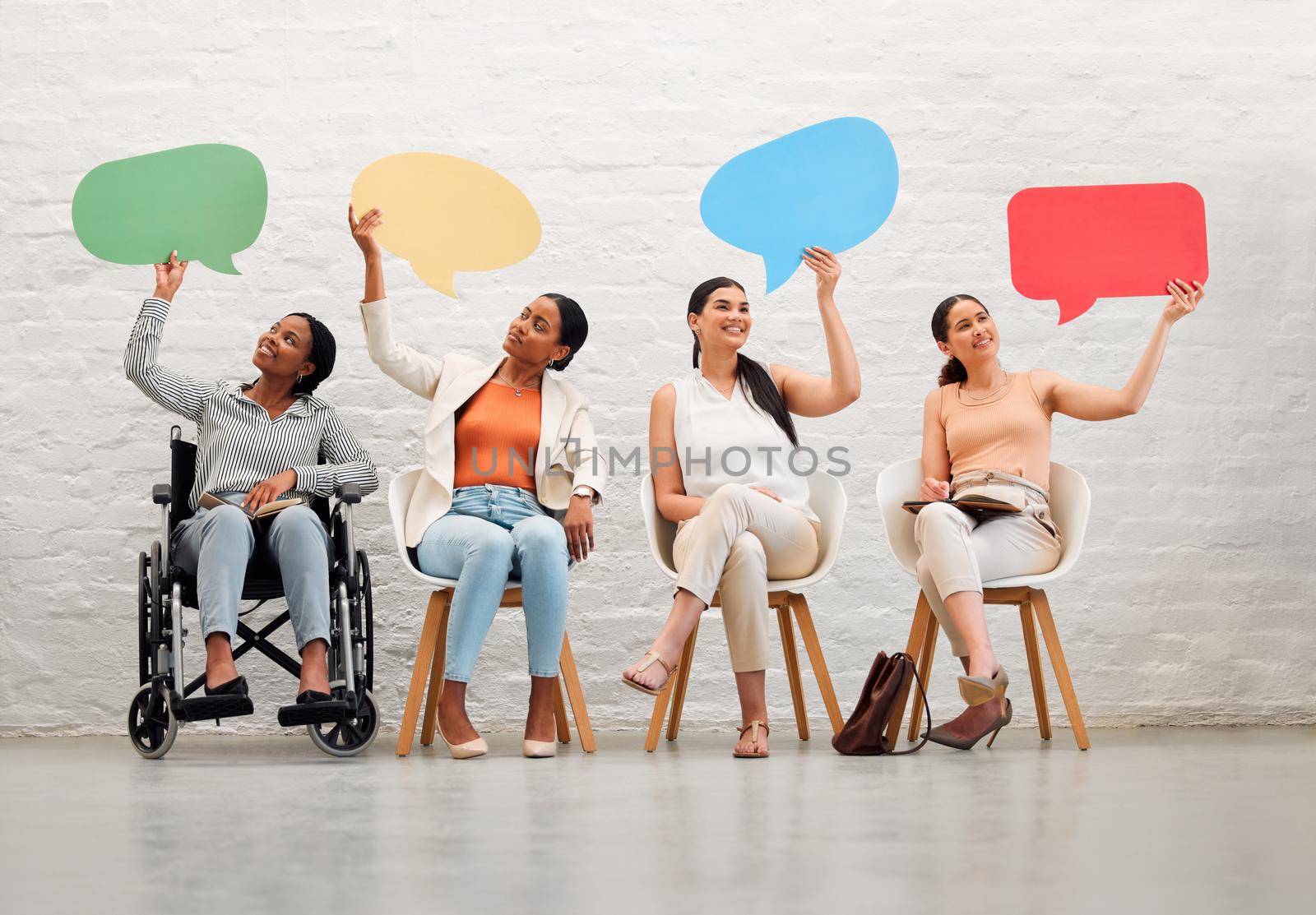 Diversity, collaboration or social media speech bubbles of women community news thinking in digital advertising office space. Communication, review or vote mockup of friends with disabled woman.