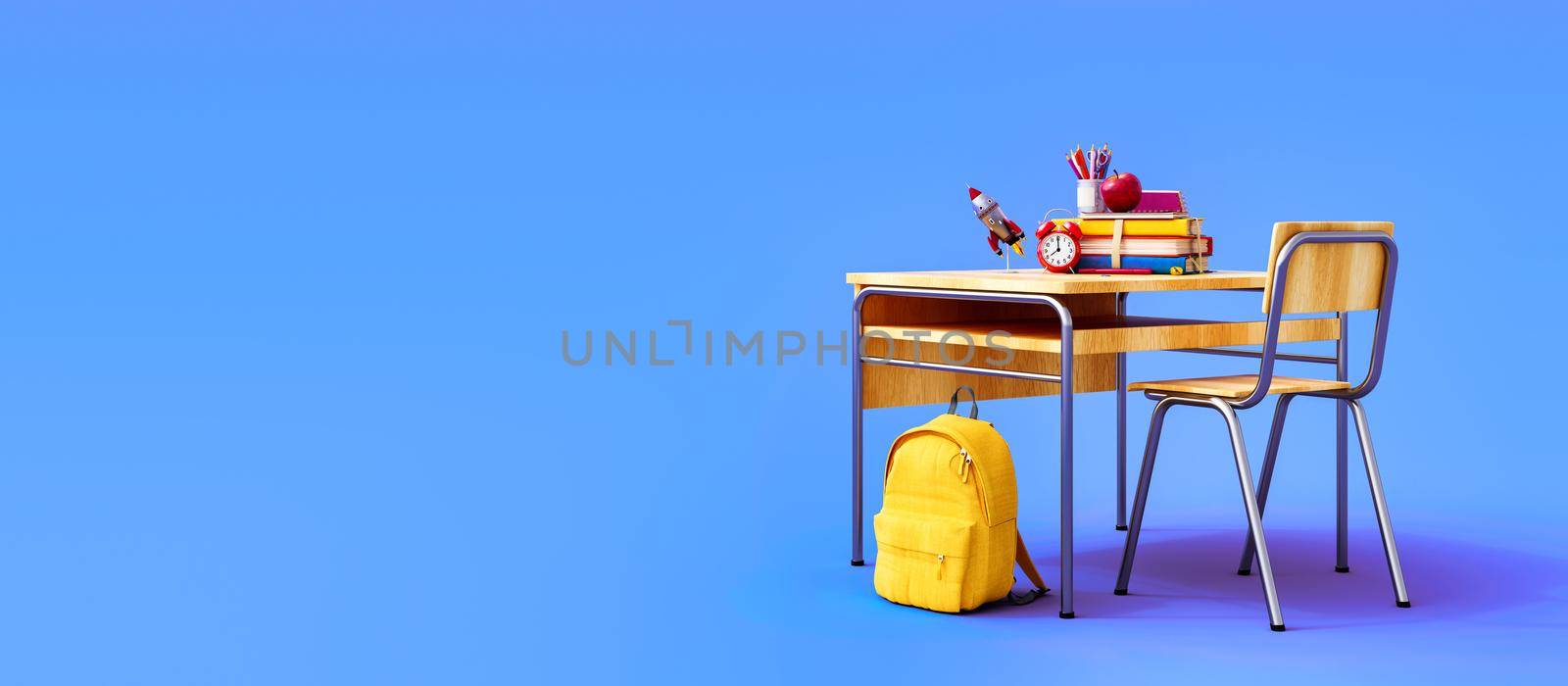 School desk with school accessory and yellow backpack on blue background 3D Rendering, by 3imad
