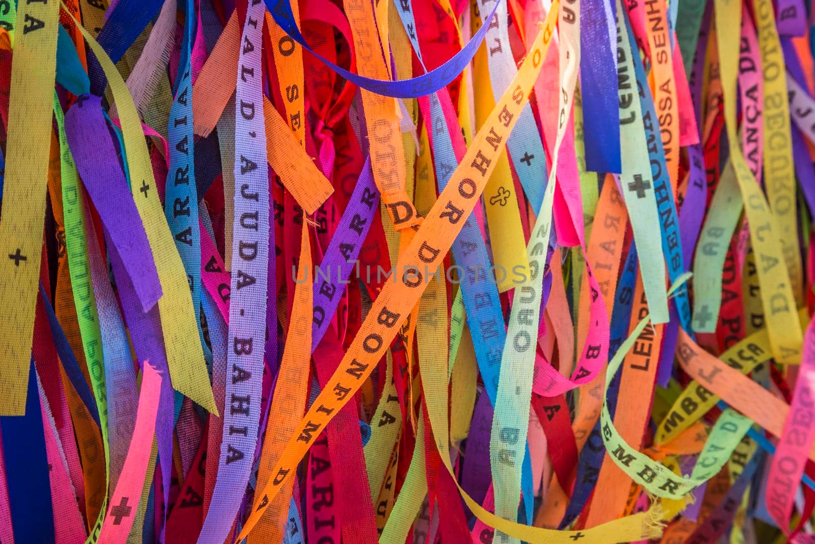 Colorful Lord of Bonfim ribbon tapes symbol of faith and good luck in Trancoso, BAHIA