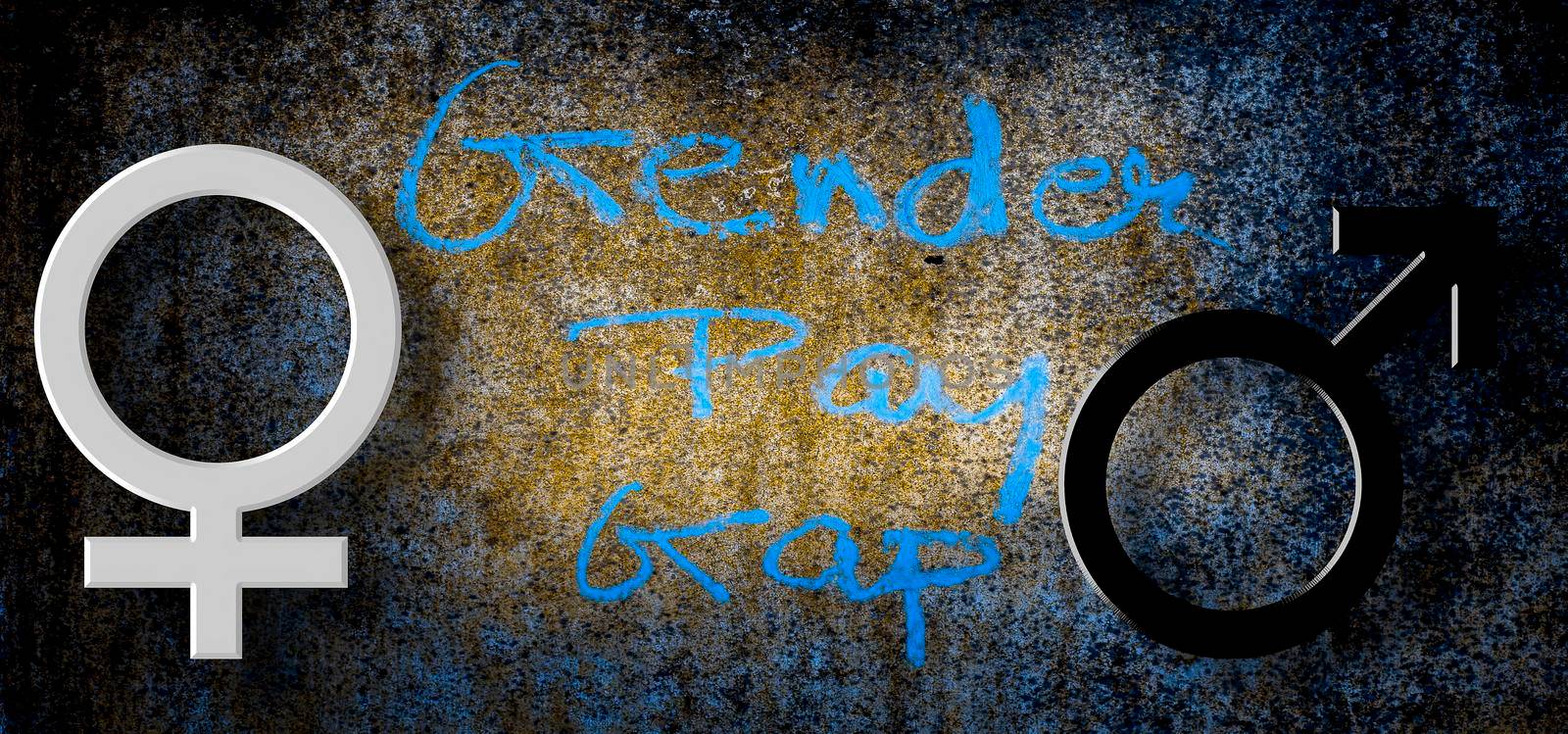 Equal pay, Equal wages concept on a rough wall with creativeness. Shot of gender pay gap written on the rough wall with mare and venus sign/ male and female sign. by mirzamlk