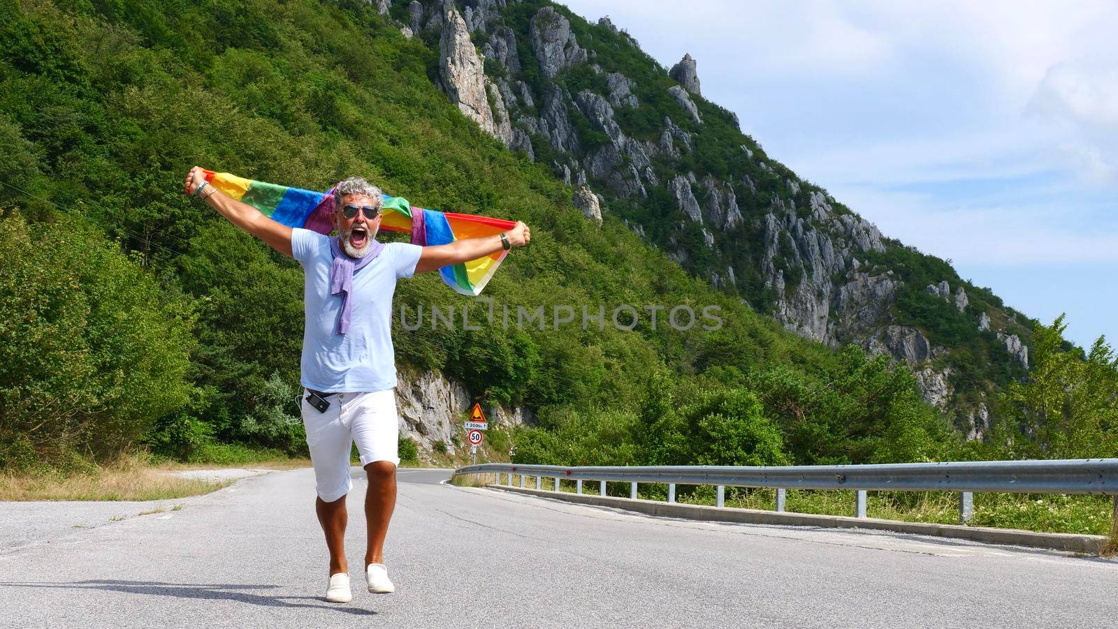 Portrait of a gray-haired senior elderly Caucasian man bisexuality with a beard and sunglasses holding a rainbow LGBTQIA flag on nature. Celebrates Pride Month, Rainbow Flag Day, gay parade