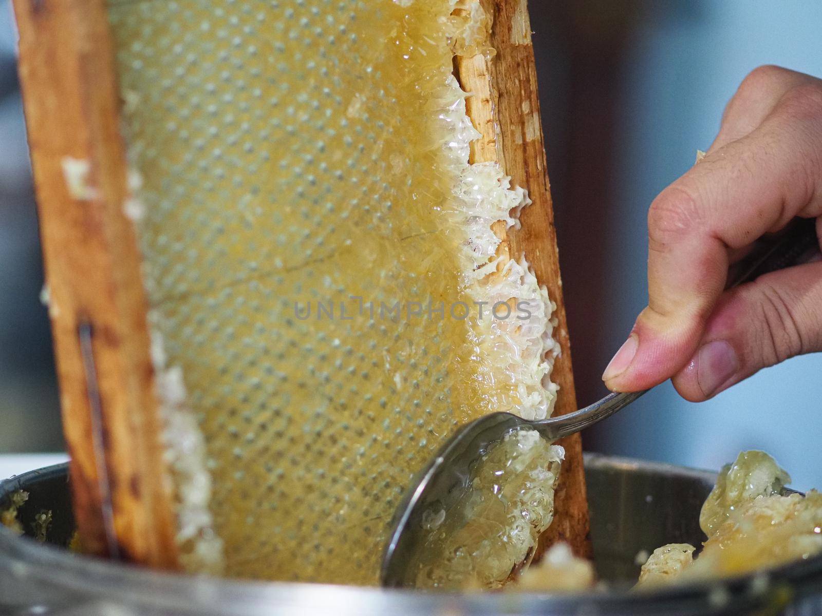 Natural raw honey being filtered ad dripped through a strainer to filter our bees wax.