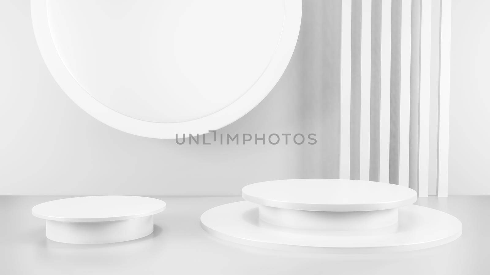 Geometric shape background in the white and grey studio room, minimalist mockup for podium display or showcase, 3d rendering. by Benzoix