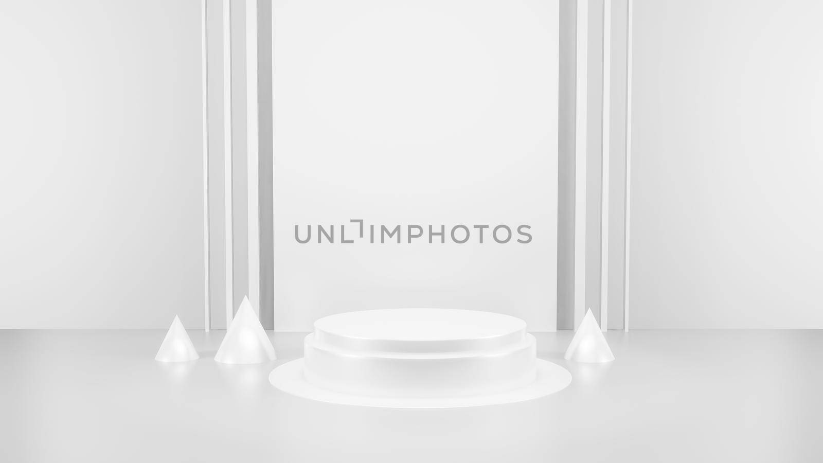 Geometric shape background in the white and grey studio room, minimalist mockup for podium display or showcase, 3d rendering