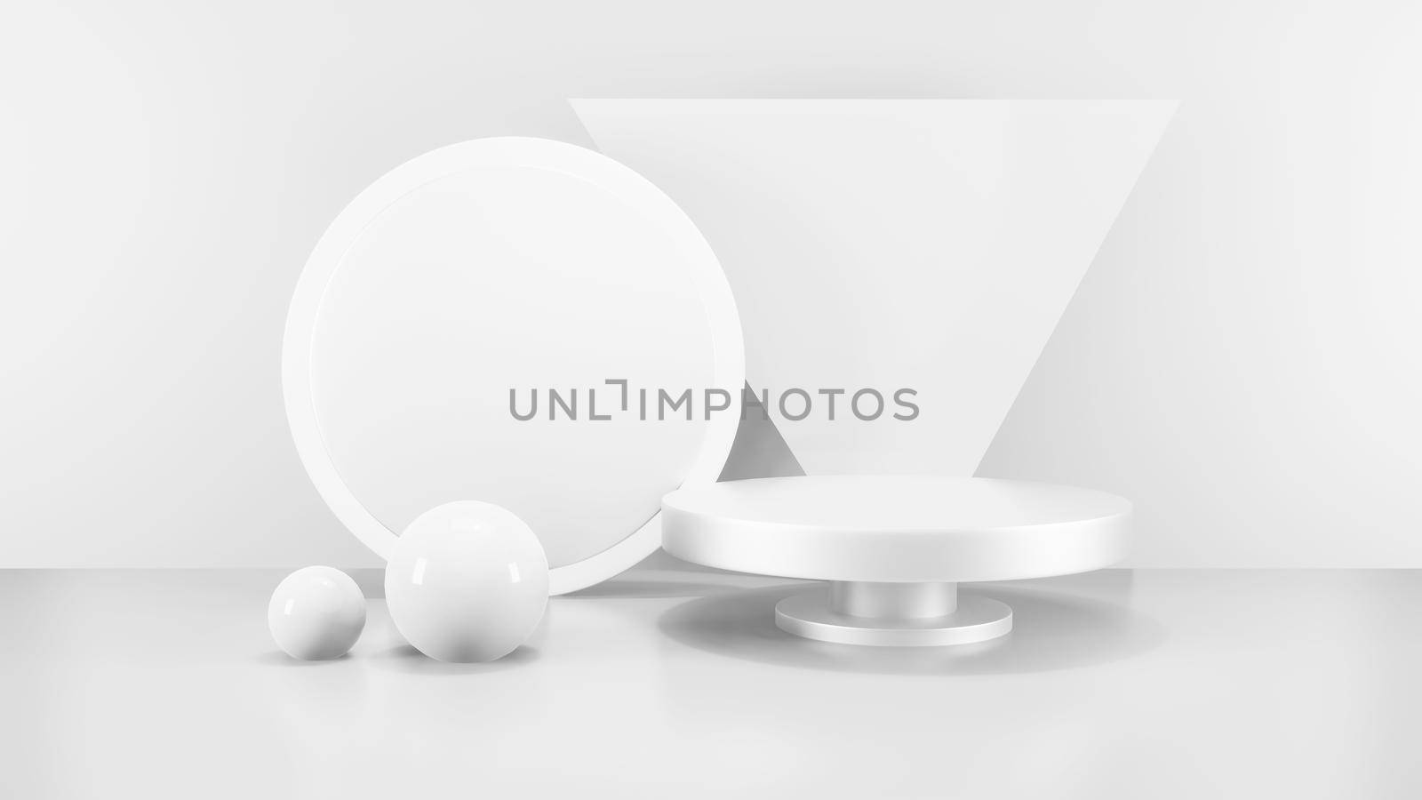 Geometric shape background in the white and grey studio room, minimalist mockup for podium display or showcase, 3d rendering