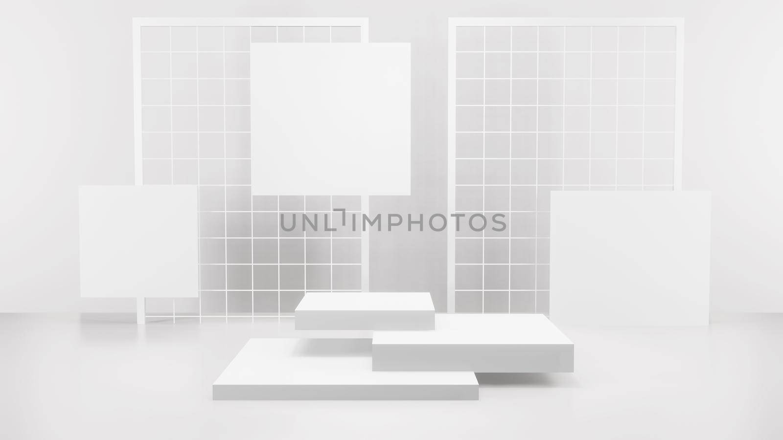 Geometric shape background in the white and grey studio room, minimalist mockup for podium display or showcase, 3d rendering. by Benzoix