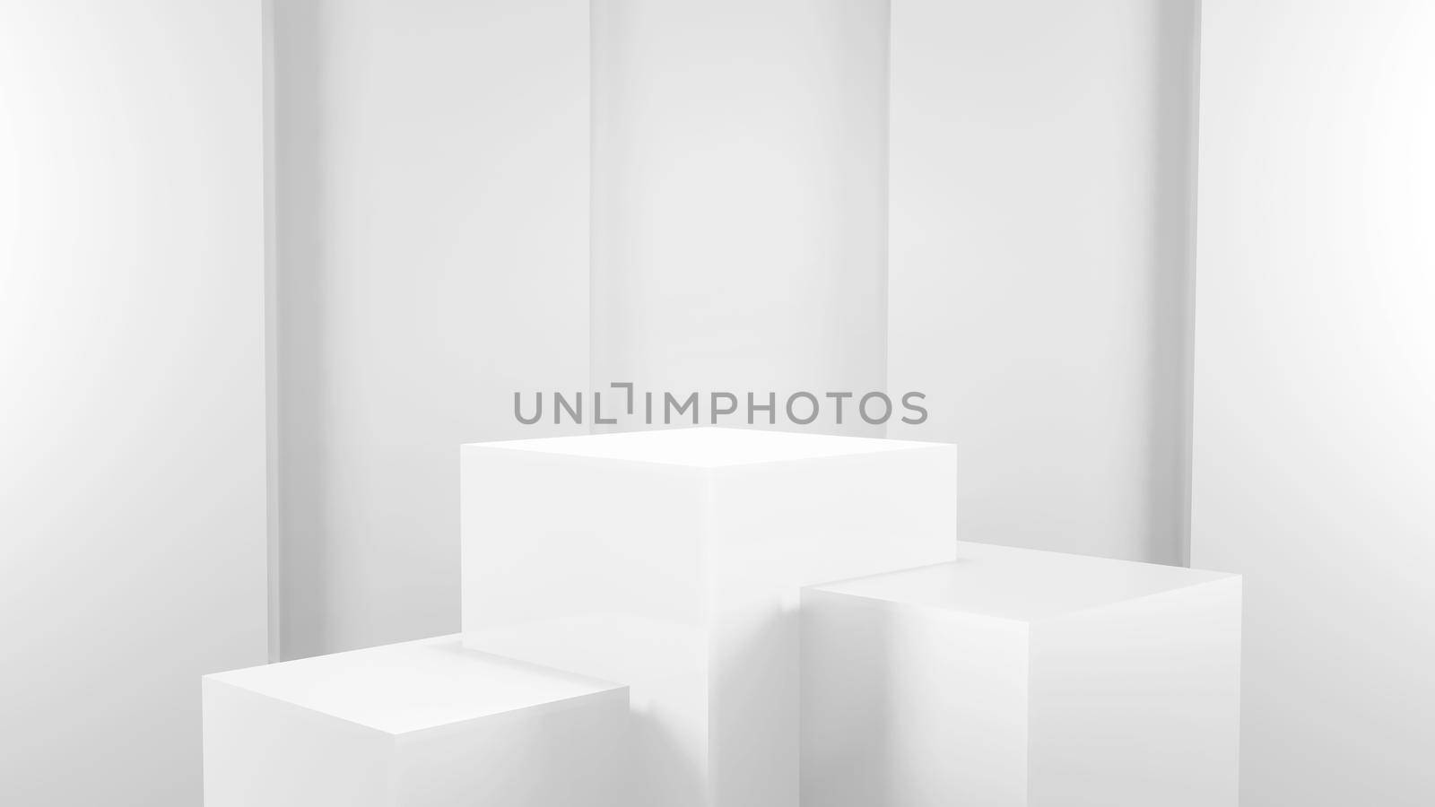 Geometric shape background in the white and grey studio room, minimalist mockup for podium display or showcase, 3d rendering