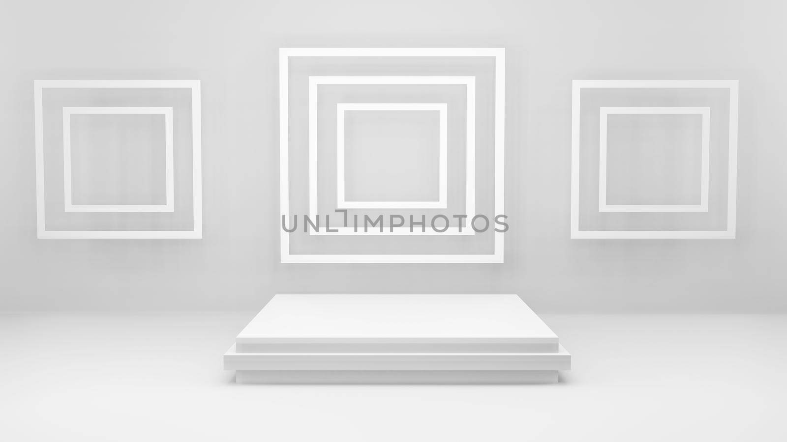 Geometric shape background in the white and grey studio room, minimalist mockup for podium display or showcase, 3d rendering. by Benzoix