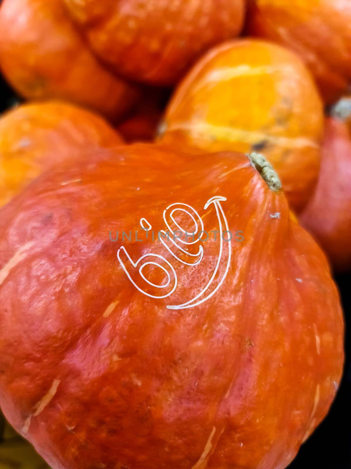 Close-up with selective focus of a pumpkin with a laser-etched organic sign . by MP_foto71