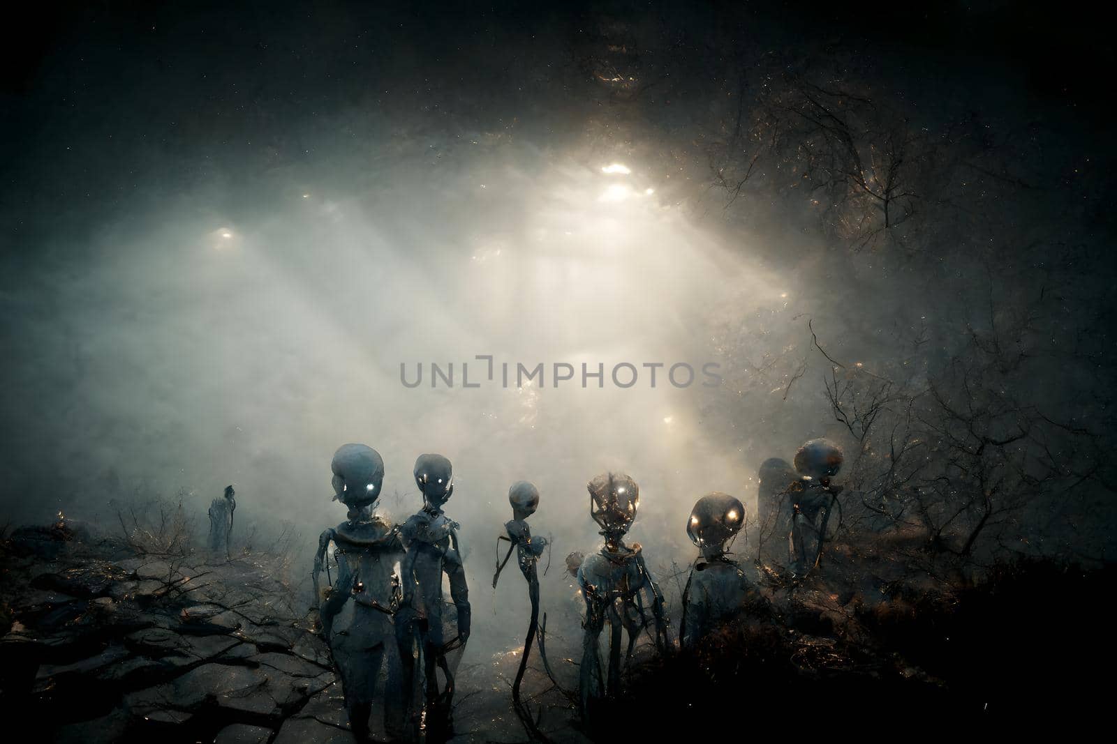 group of ugly barely humanoid aliens in ominous misty atmosphere, neural network generated art. Digitally generated image. Not based on any actual scene or pattern.