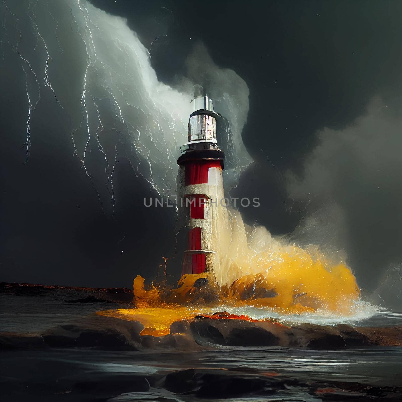 Closeup of A weathered Lighthouse A massive splash. illustration for wallpaper