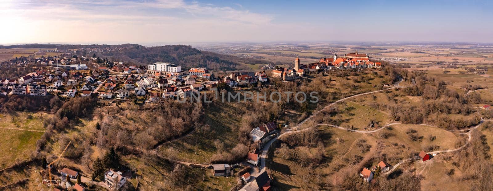 Aerial view panorama of Waldenburg in Hohenlohe, Baden-Wuerttemberg, Germany