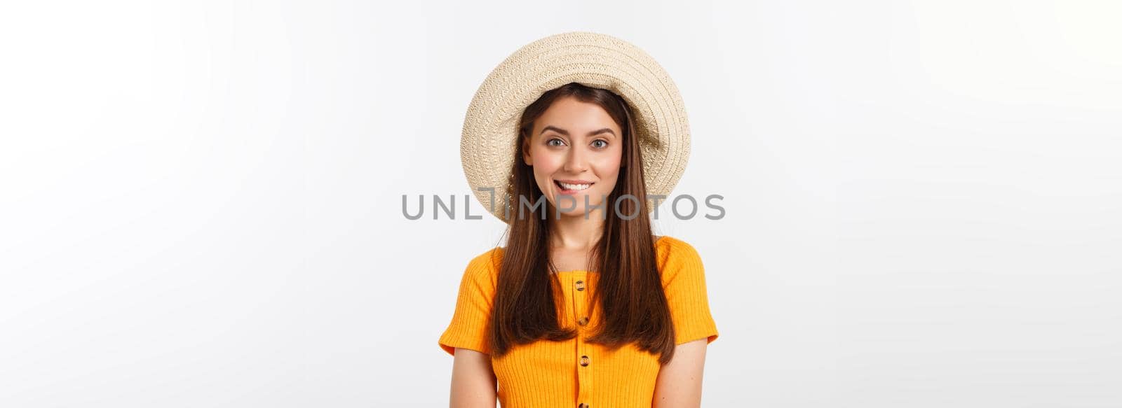 Travel concept - Close up Portrait young beautiful attractive girl wtih trendy hat and smiling. White Background. Copy space