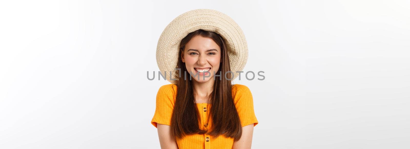 Travel concept - Close up Portrait young beautiful attractive girl wtih trendy hat and smiling. White Background. Copy space. by Benzoix