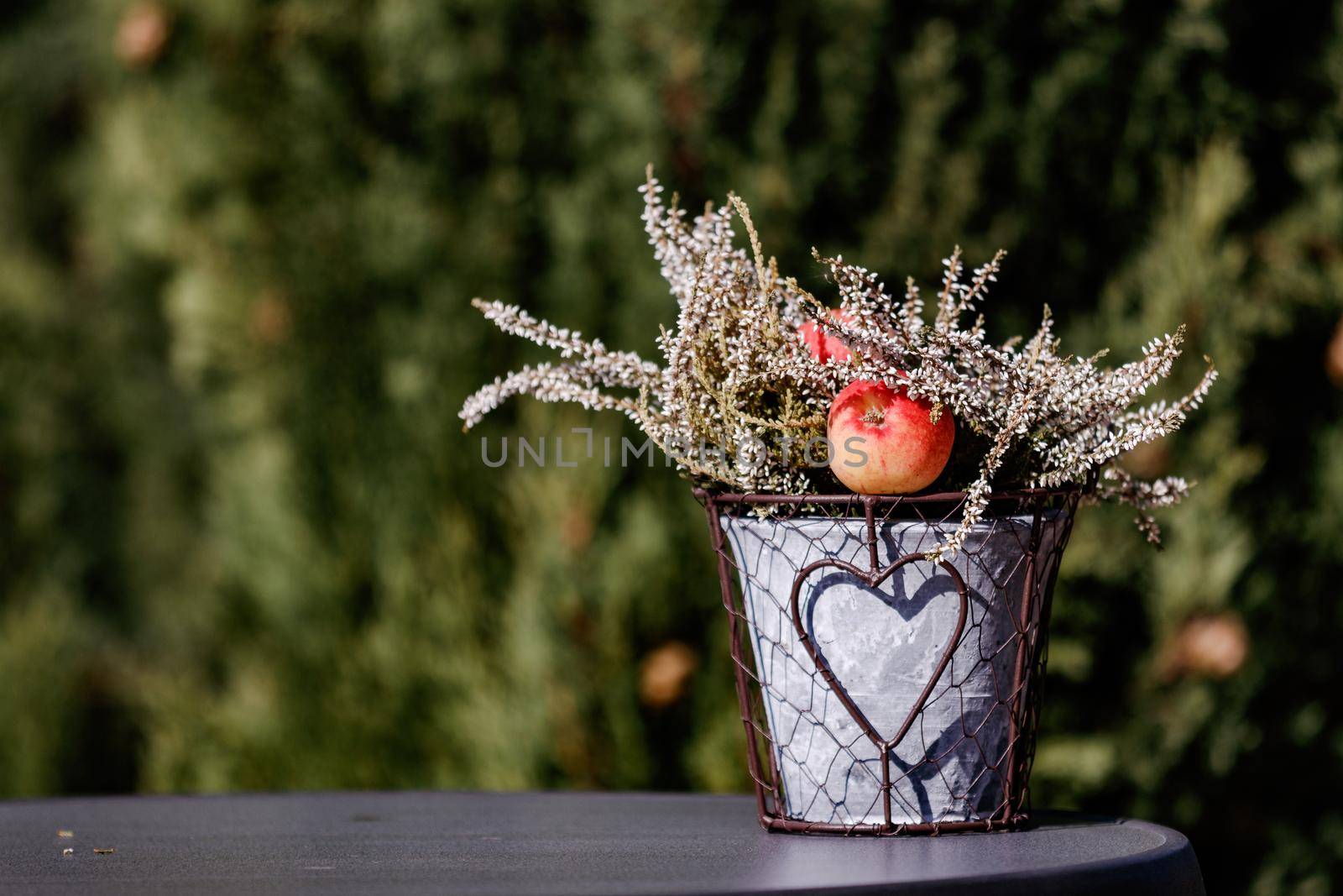 A flower arrangement with apple on a dark background