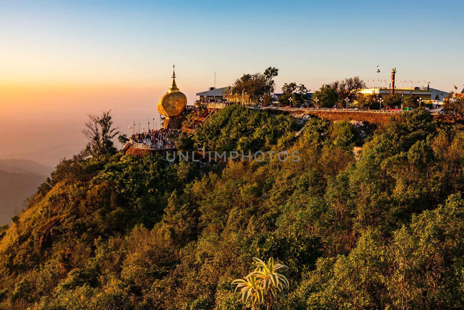 The great sanctuary of the Kyaikhtiyo Pagoda with the Golden Rock in Myanmar