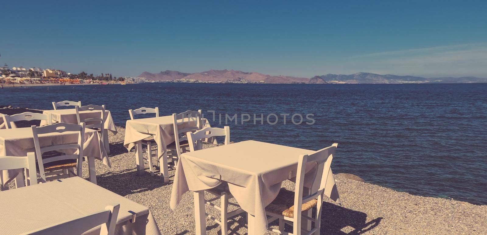 Summer holiday, eating out and beach life concept - Restaurant by the sea, Mediterranean vacation