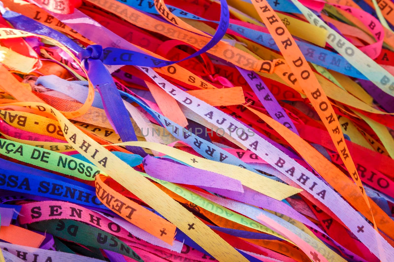 Colorful Lord of Bonfim ribbon tapes symbol of faith and good luck in Trancoso, BAHIA