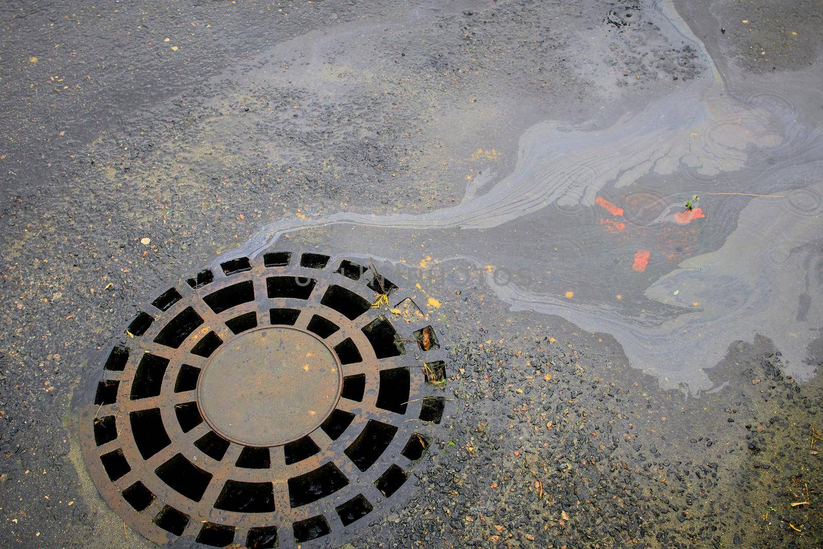 Oil spills of gasoline against the background of an asphalt road flow into a storm sewer. Environmental problems of water pollution