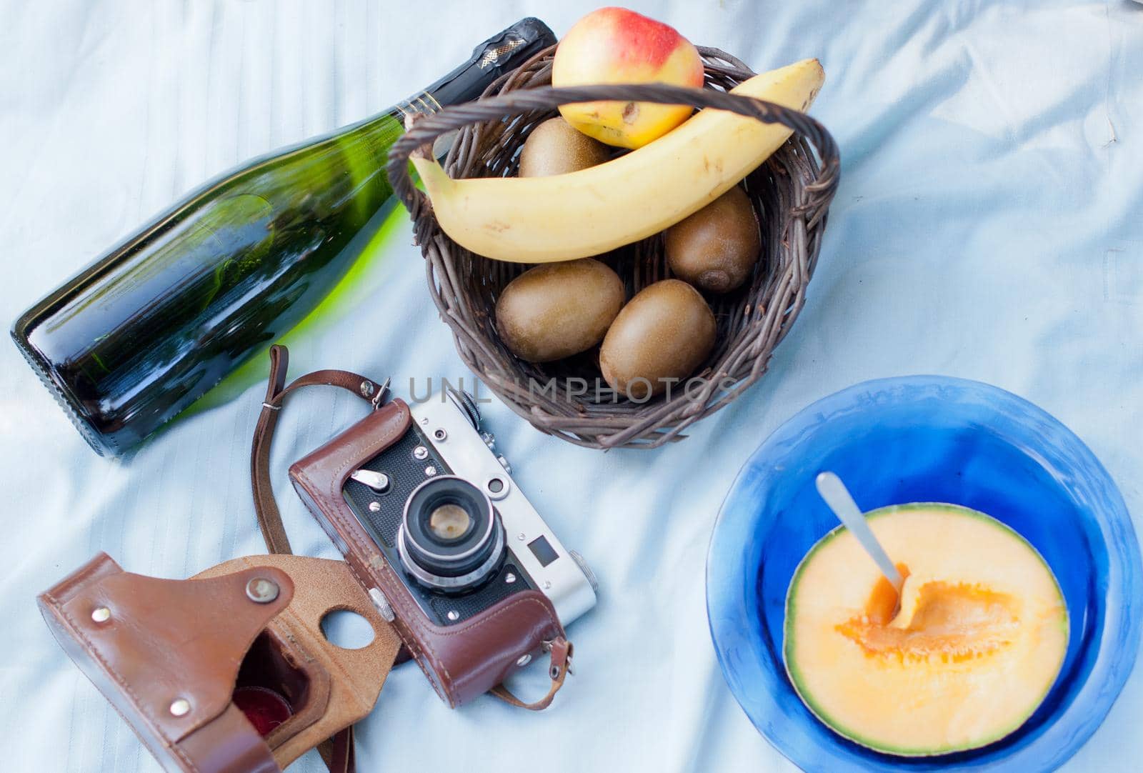 picnic in the garden or park on the green grass, plates and baskets with fresh fruits, champagne and retro photo camera. High quality photo