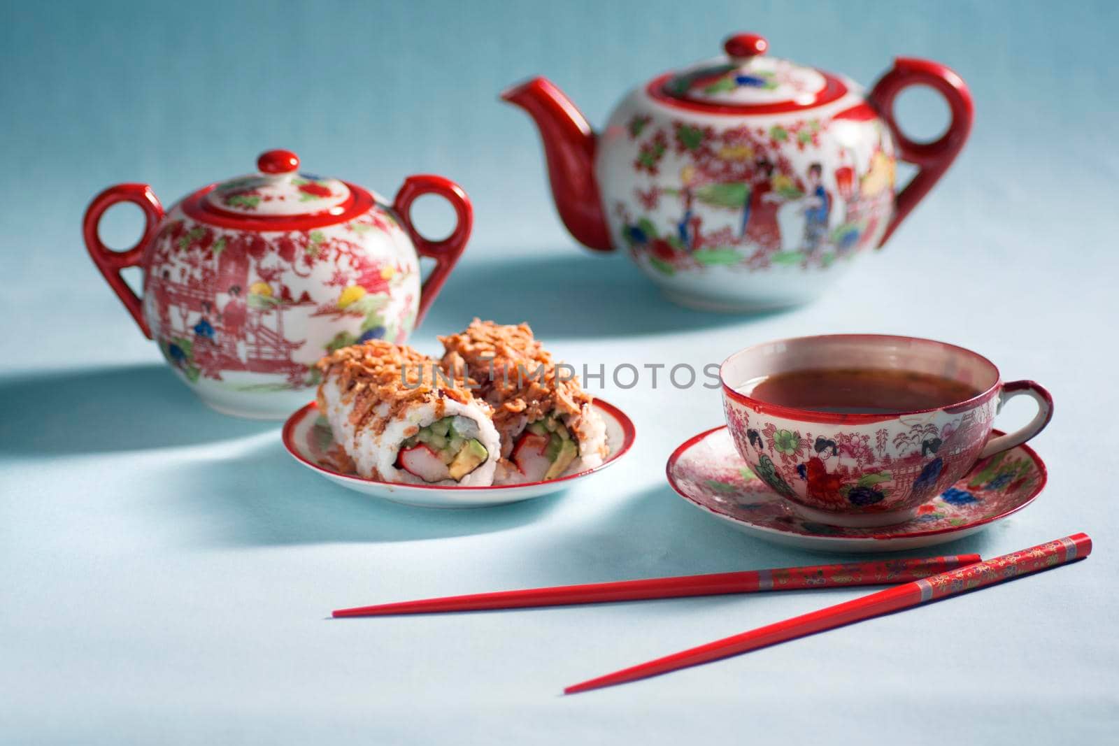 Japanese style tea party with vintage porcelain set, with life motives,rolls by KaterinaDalemans