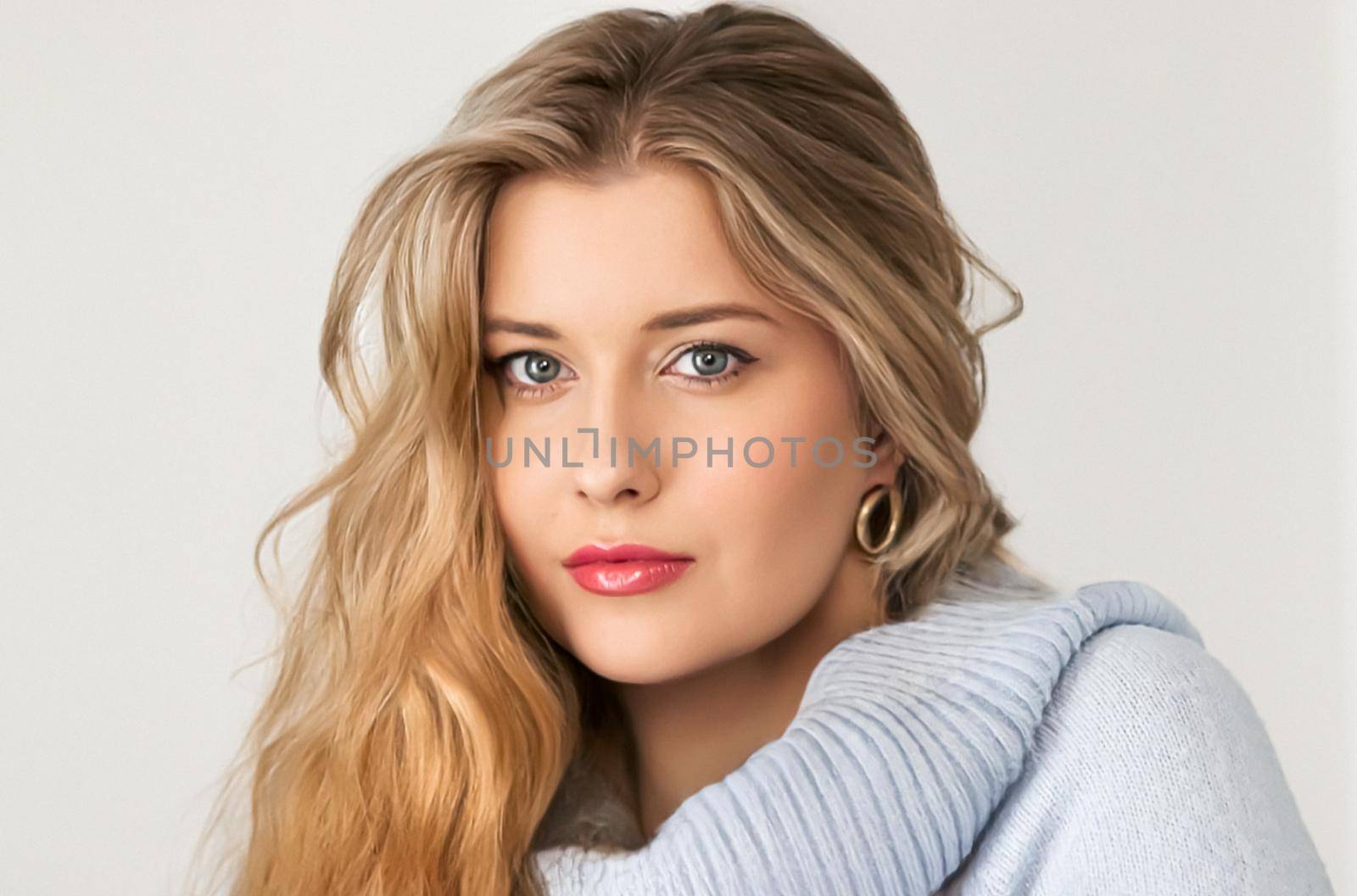 Autumn winter fashion and knitwear, beautiful woman wearing warm knitted sweater, close-up portrait