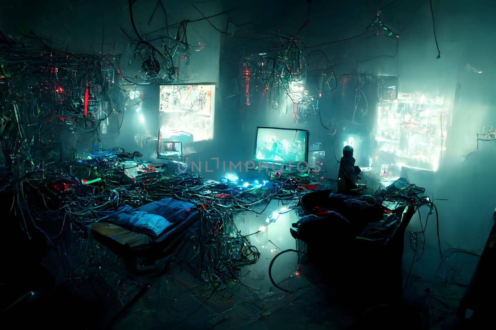 messy and dark cyberpunk hacker hideout room with cyan christmas lights, neural network generated art, picture produced with ai in fall 2022