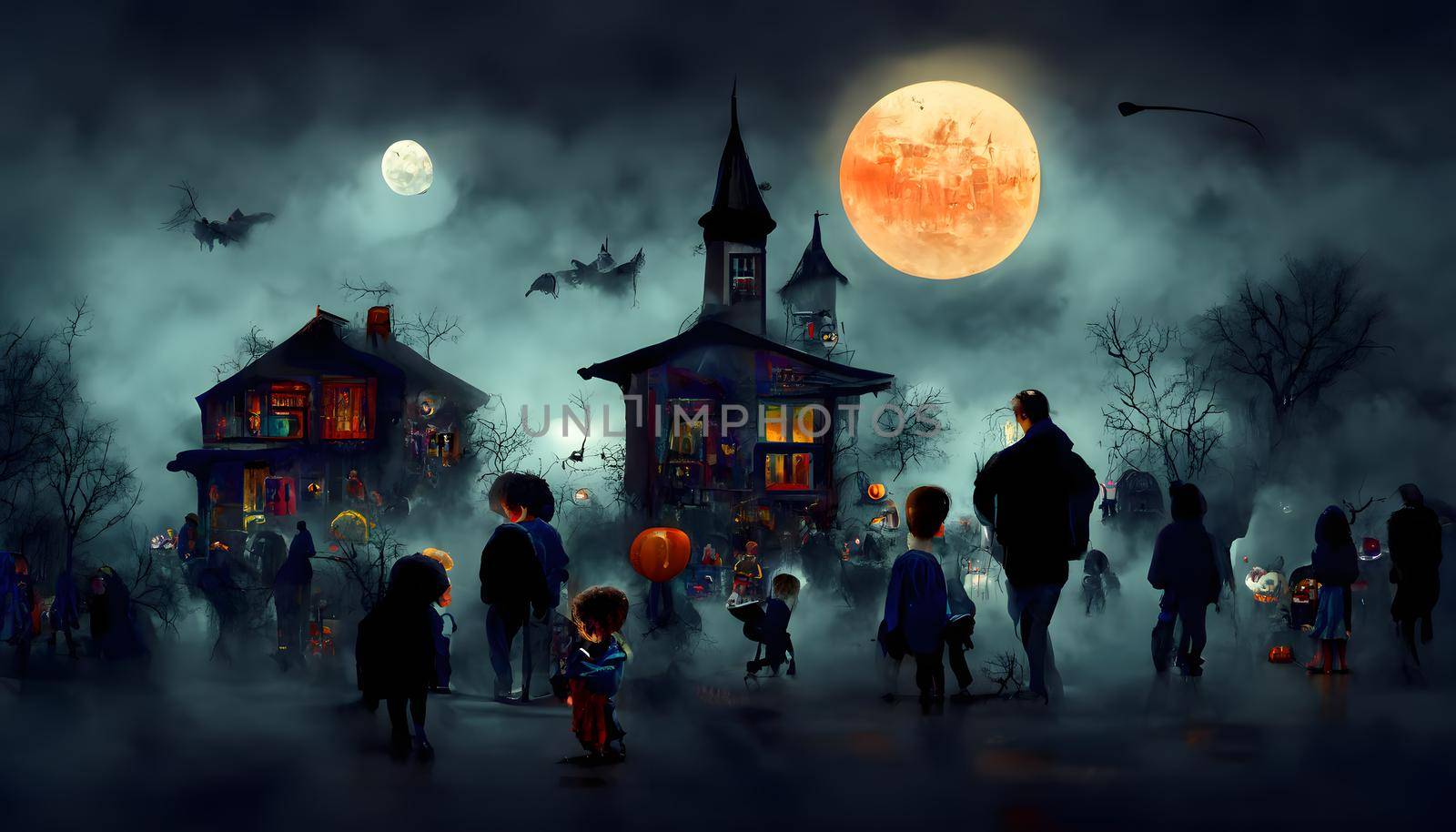 children playing on night halloween street, american neighborhood background, neural network generated art. Digitally generated image. Not based on any actual scene or pattern.
