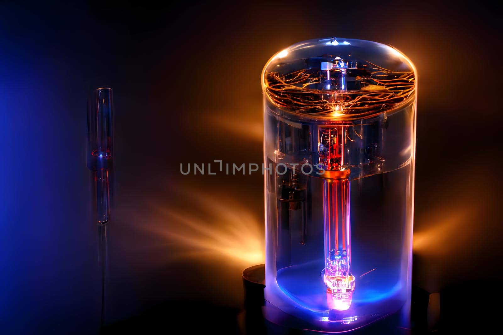 hight-tech transparent plasma quantum computer tube with glowing energy inside, neural network generated art. Digitally generated image. Not based on any actual scene or pattern.