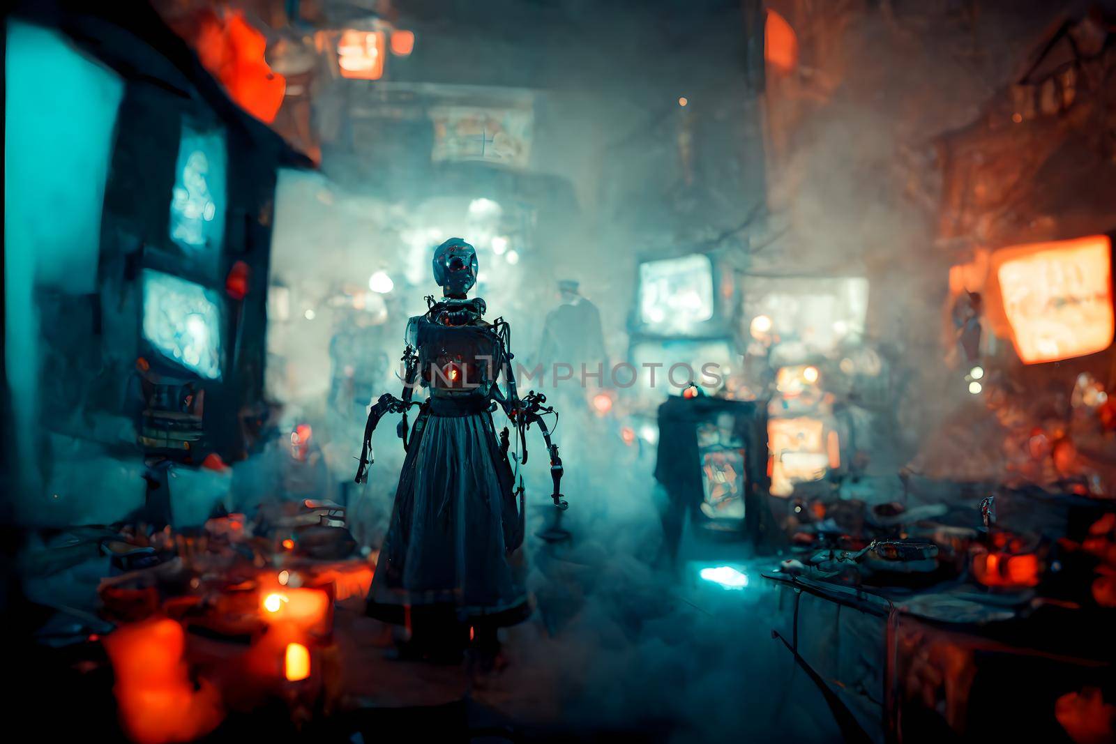 cyberpunk witches hideout in foggy hacker place, neural network generated art. Digitally generated image. Not based on any actual scene or pattern.